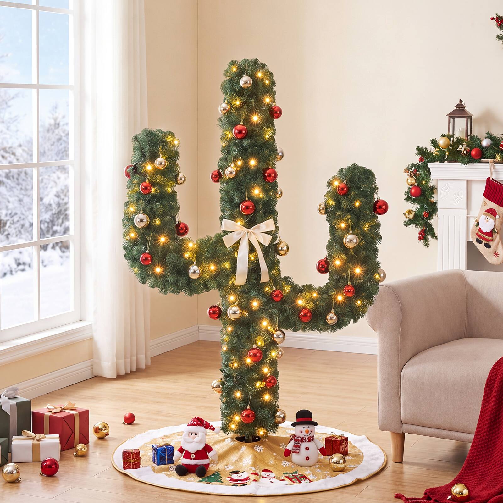 Alt View 3. Gymax - Gymax 5 FT Pre-Lit Cactus Christmas Tree w/ 90 Warm White LED Lights & 750 Tips - Green.