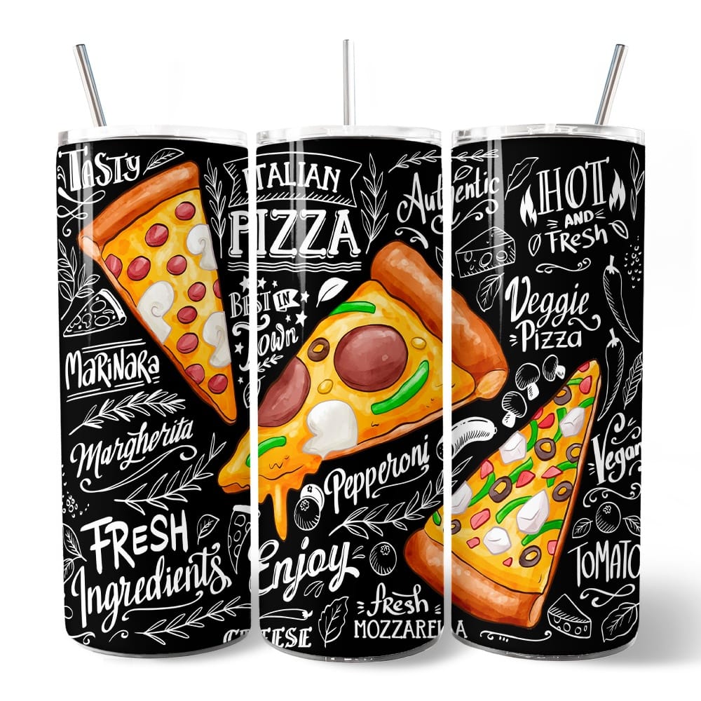OrnamentallyYou - Classic Pizza Slice Doodle Italian Pizzeria Chalk Art 20oz Tumbler With Lid and Stainless Steel - Multicolored