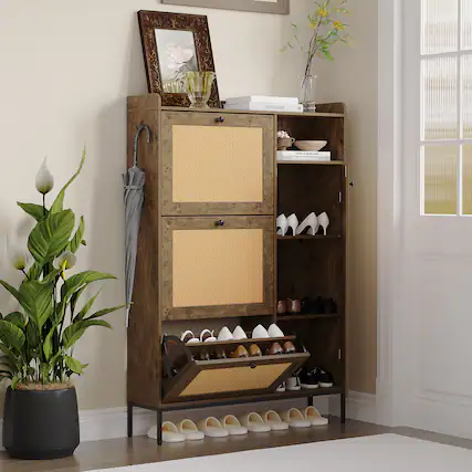 Front. GARVEE - 3 Tier Free Standing Shoe Cabinet with Natural Rattan Flip Drawers for Entryway Shoe Storage Organizer with Adjustable - Khaki.
