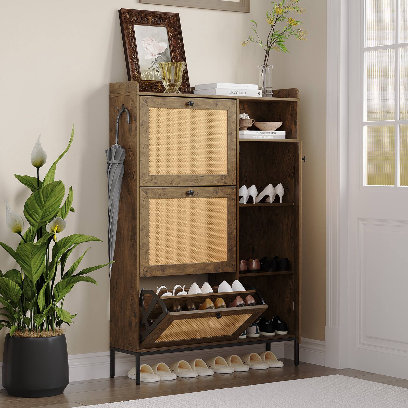 Front. GARVEE - 3 Tier Free Standing Shoe Cabinet with Natural Rattan Flip Drawers for Entryway Shoe Storage Organizer with Adjustable - Khaki.