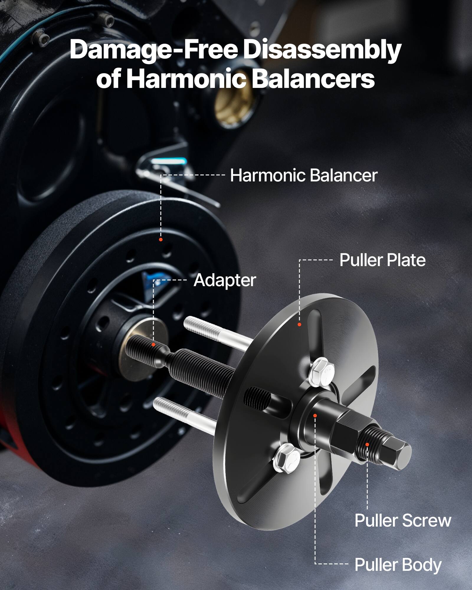 Damage-Free Disassembly of Harmonic Balancers

- Harmonic Balancer
- Adapter
- Puller Plate
- Puller Screw
- Puller Body