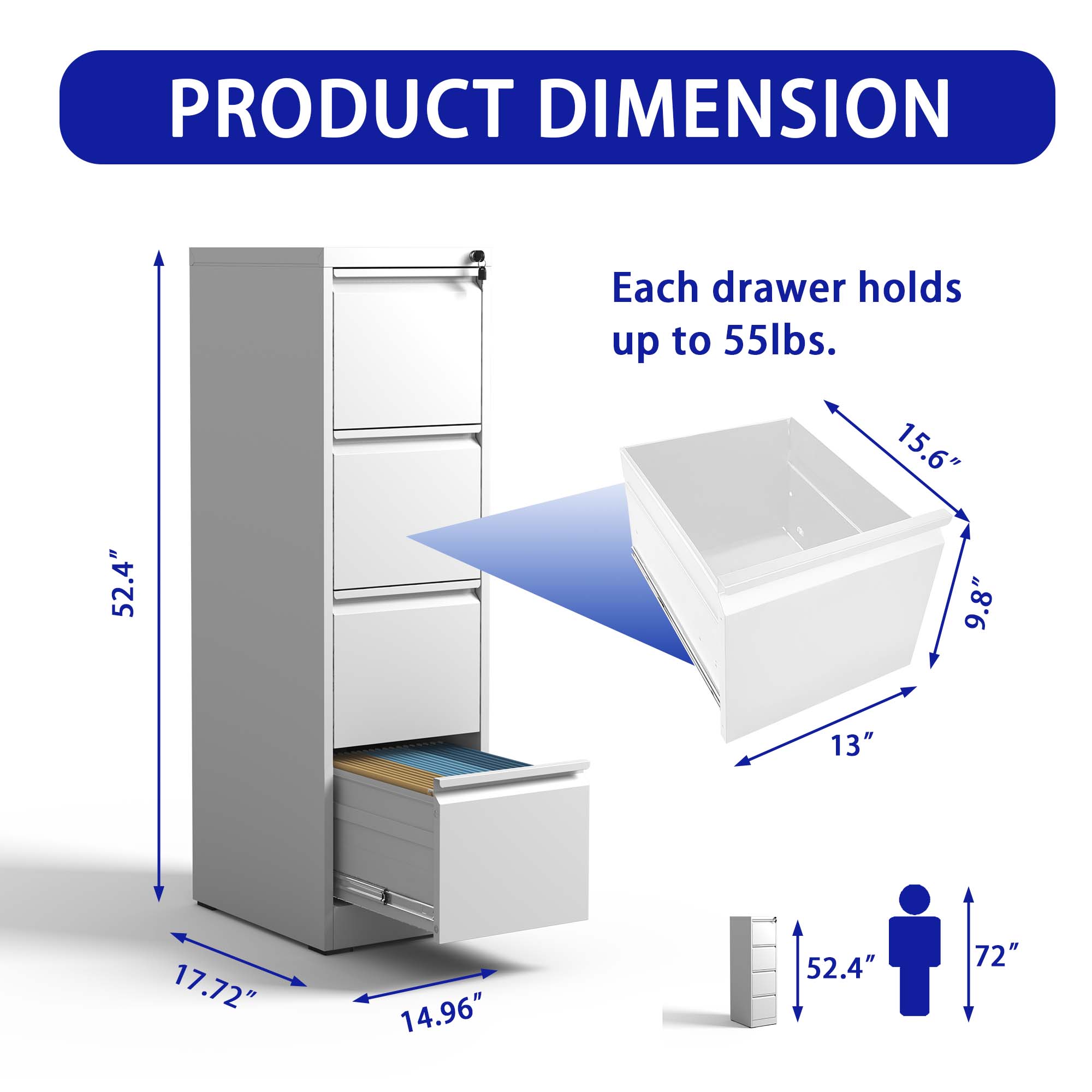 PRODUCT DIMENSION

Each drawer holds up to 55lbs.

- Height: 52.4"
- Width: 17.72"
- Depth: 14.96"
- Drawer Height: 15.6"
- Drawer Width: 13"
- Drawer Depth: 9.8"
- Overall Height: 72"
