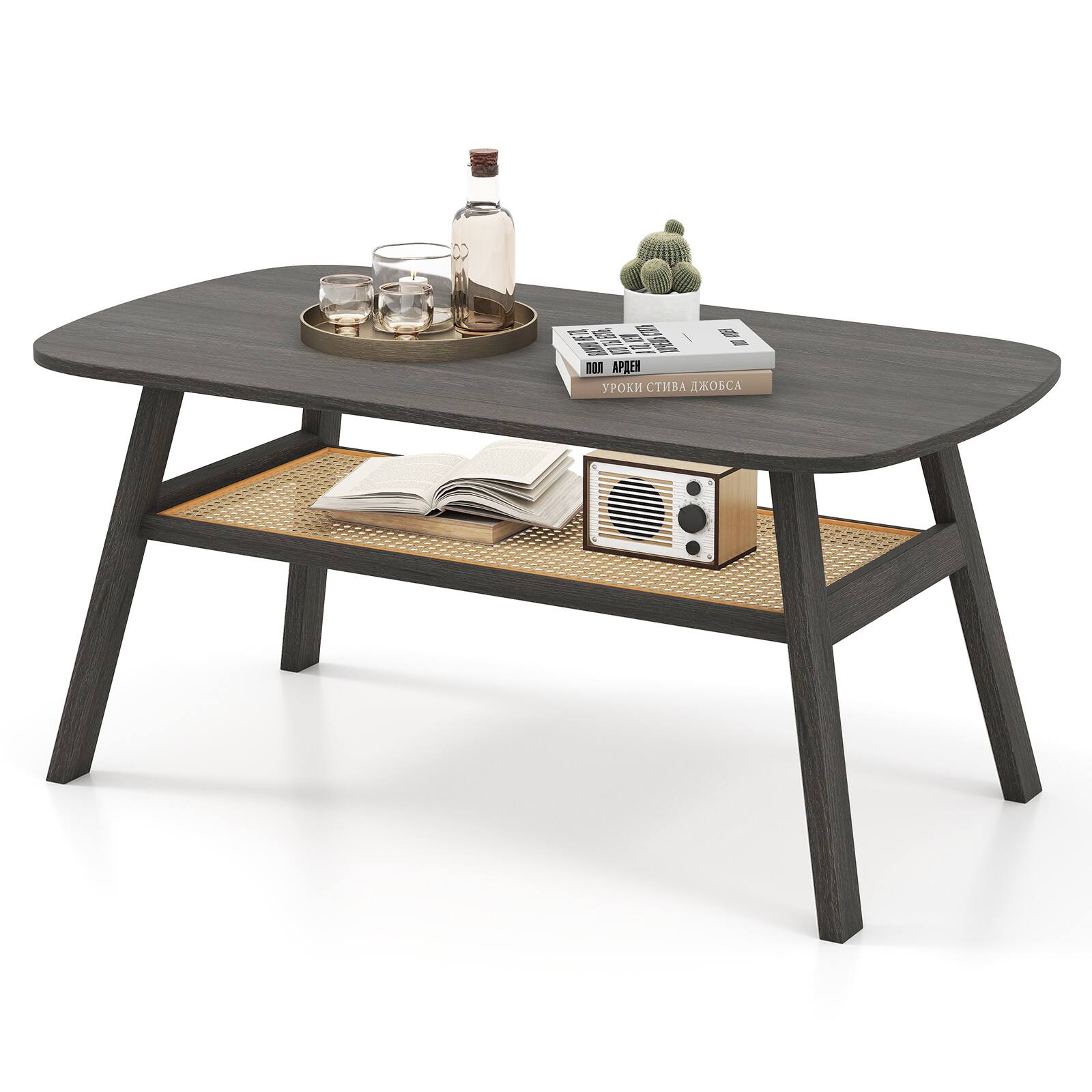Gymax - 2-Tier Coffee Table w/ Rattan Storage Shelf & Rubber Wood Legs for Living Room - Dark Gray, Natural