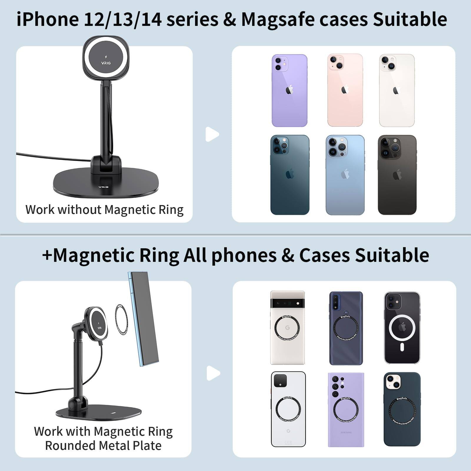 iPhone 12/13/14 series & Magsafe cases Suitable  
Work without Magnetic Ring  

+Magnetic Ring All phones & Cases Suitable  
Work with Magnetic Ring Rounded Metal Plate