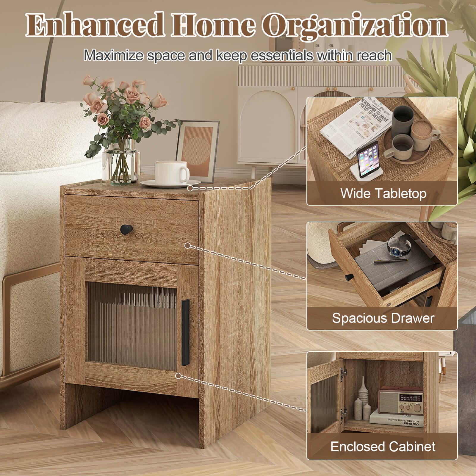 Enhanced Home Organization  
Maximize space and keep essentials within reach  

- Wide Tabletop  
- Spacious Drawer  
- Enclosed Cabinet