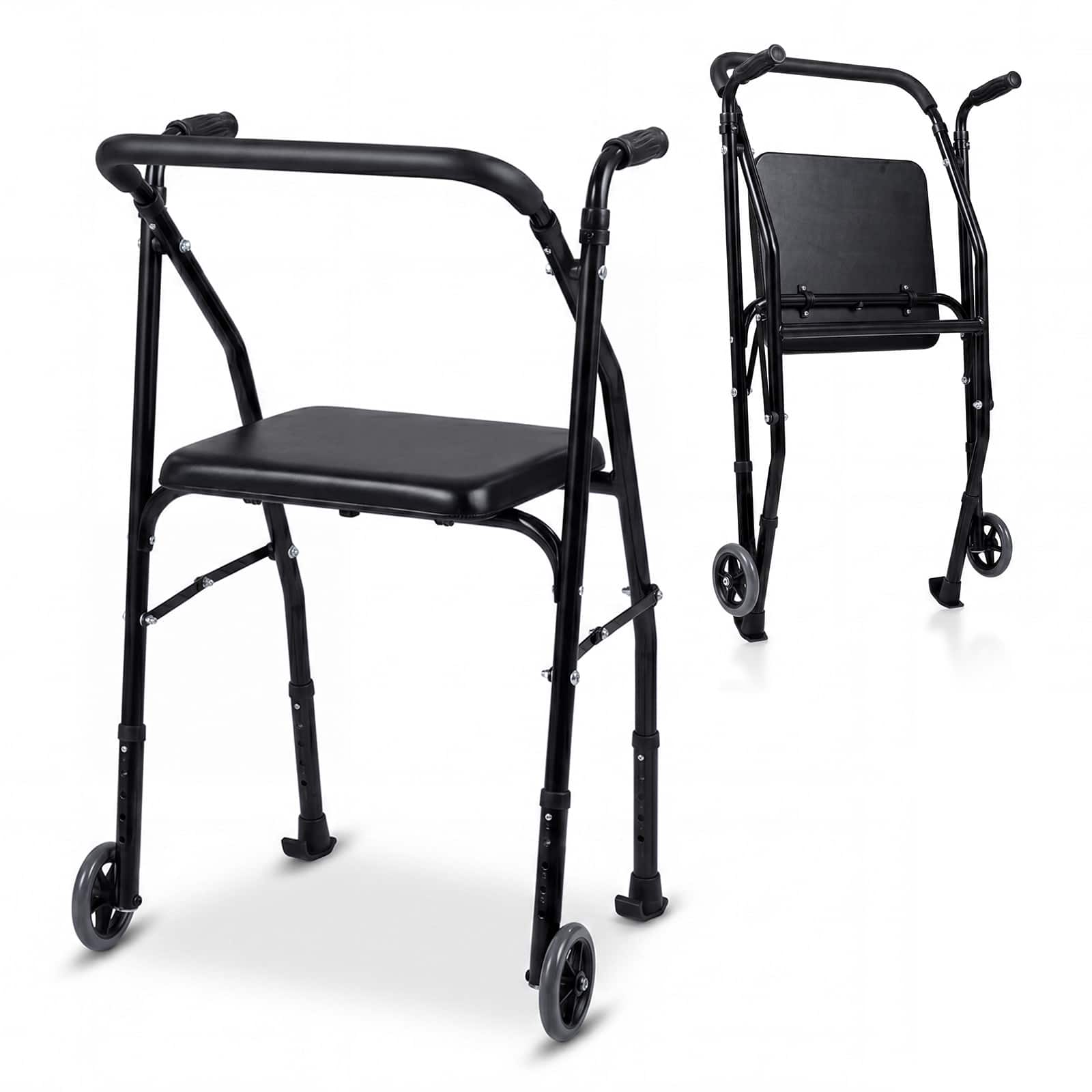 Costway - Folding Walker for Seniors, Lightweight Aluminum Mobility Walker with 2 Wheels - Black
