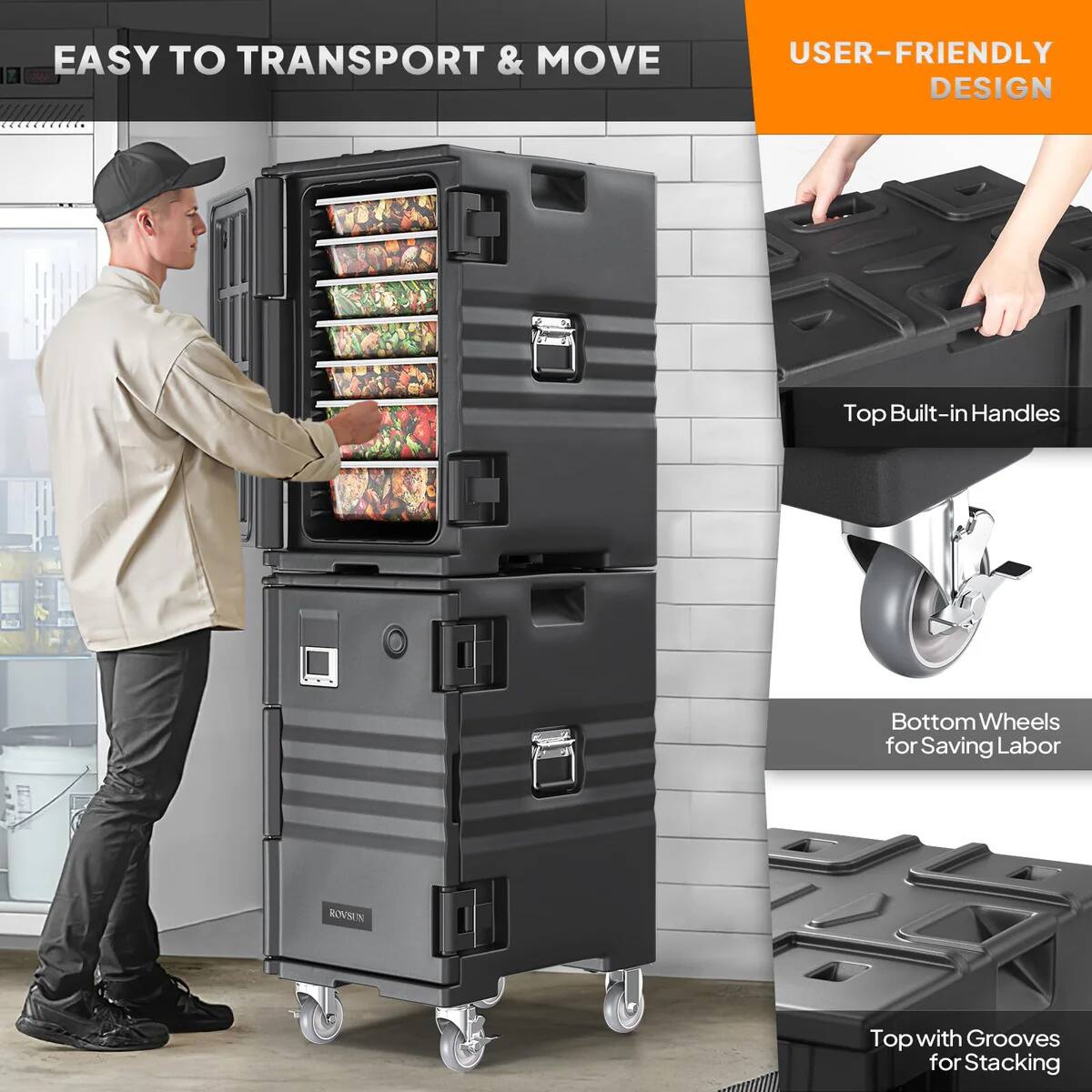EASY TO TRANSPORT & MOVE

USER-FRIENDLY DESIGN

Top Built-in Handles

Bottom Wheels for Saving Labor

Top with Grooves for Stacking