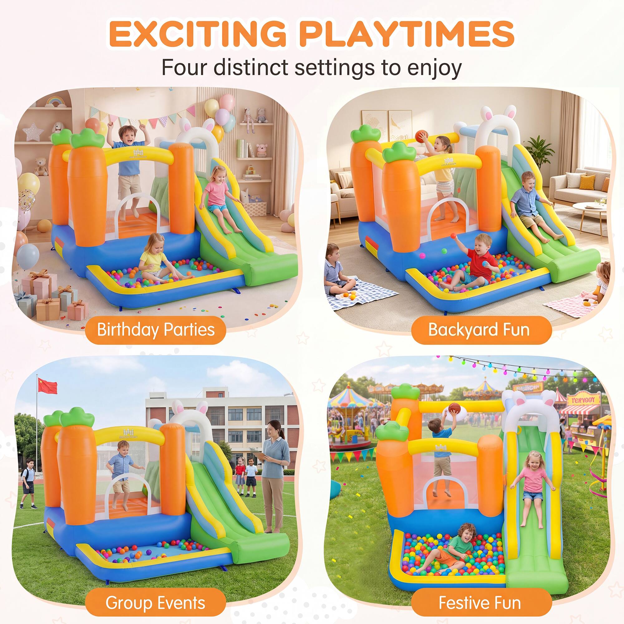 EXCITING PLAYTIMES  
Four distinct settings to enjoy

- Birthday Parties
- Backyard Fun
- Group Events
- Festive Fun