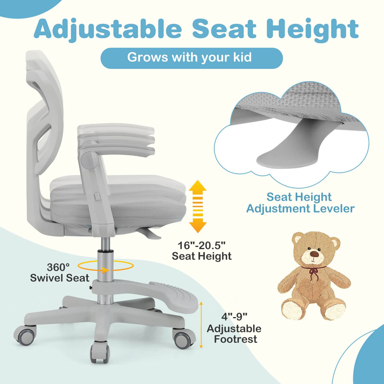 Adjustable Seat Height  
Grows with your kid  

360° Swivel Seat  

Seat Height Adjustment Leveler  
16"-20.5" Seat Height  

Adjustable Footrest  
4"-9" Foot Height