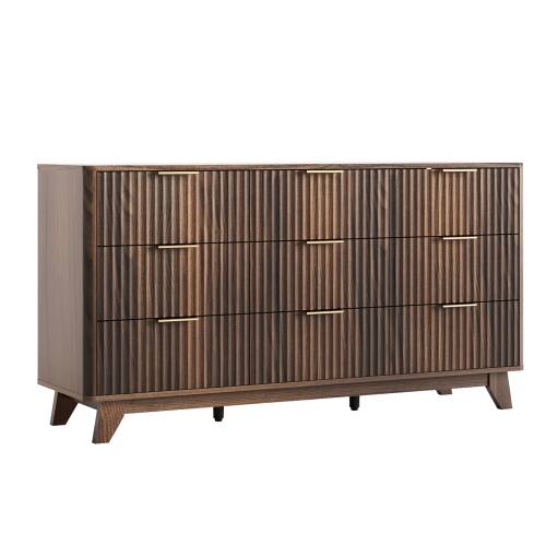 Alt View 1. Winado - 57"L Fluted Chest of Dresser Drawers with 9 Drawers Wide Boho Wood Chest of Drawers Organizer for Living Room Bedroom - Walnut.