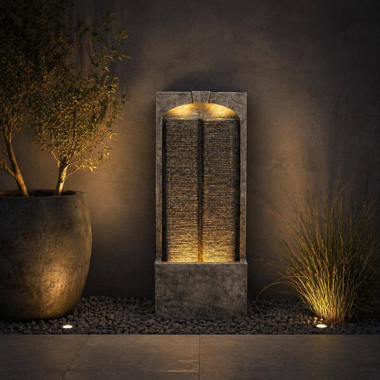 Alt View 2. RYHNUYNE - 39" H Outdoor Cascading Water Fountain with LED Lights – Resin Fiberglass Freestanding Water Feature with Quiet Pump.