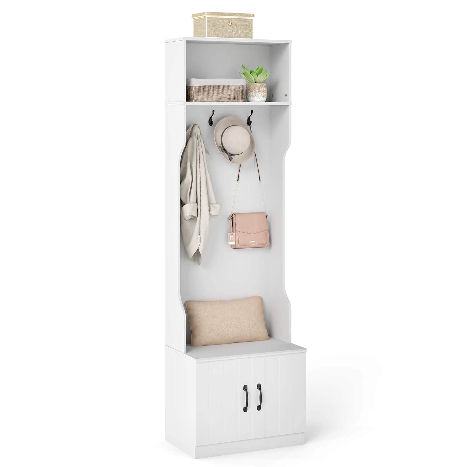 Costway - 3-in-1 Hall Tree wirh Bench Storage Adjustable Shelves Hanging Hooks for Entryway - White