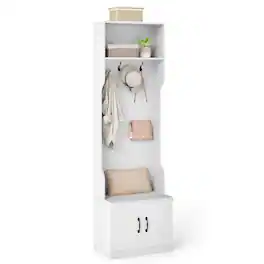 Costway - 3-in-1 Hall Tree wirh Bench Storage Adjustable Shelves Hanging Hooks for Entryway - White