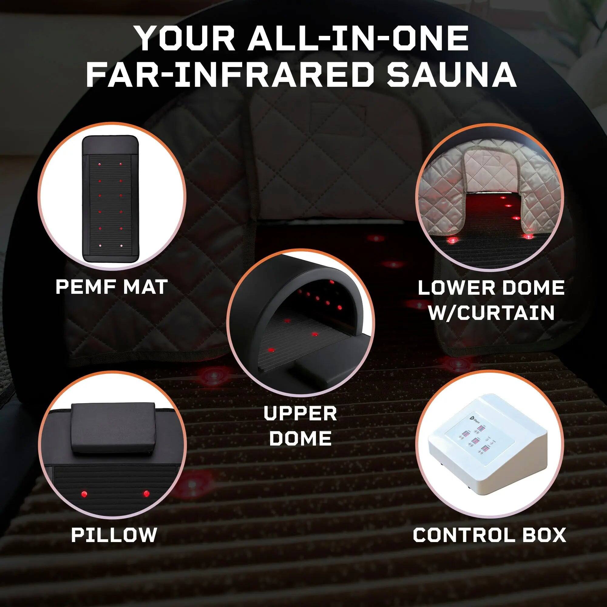YOUR ALL-IN-ONE FAR-INFRARED SAUNA

- PEMF MAT
- LOWER DOME W/CURTAIN
- UPPER DOME
- PILLOW
- CONTROL BOX