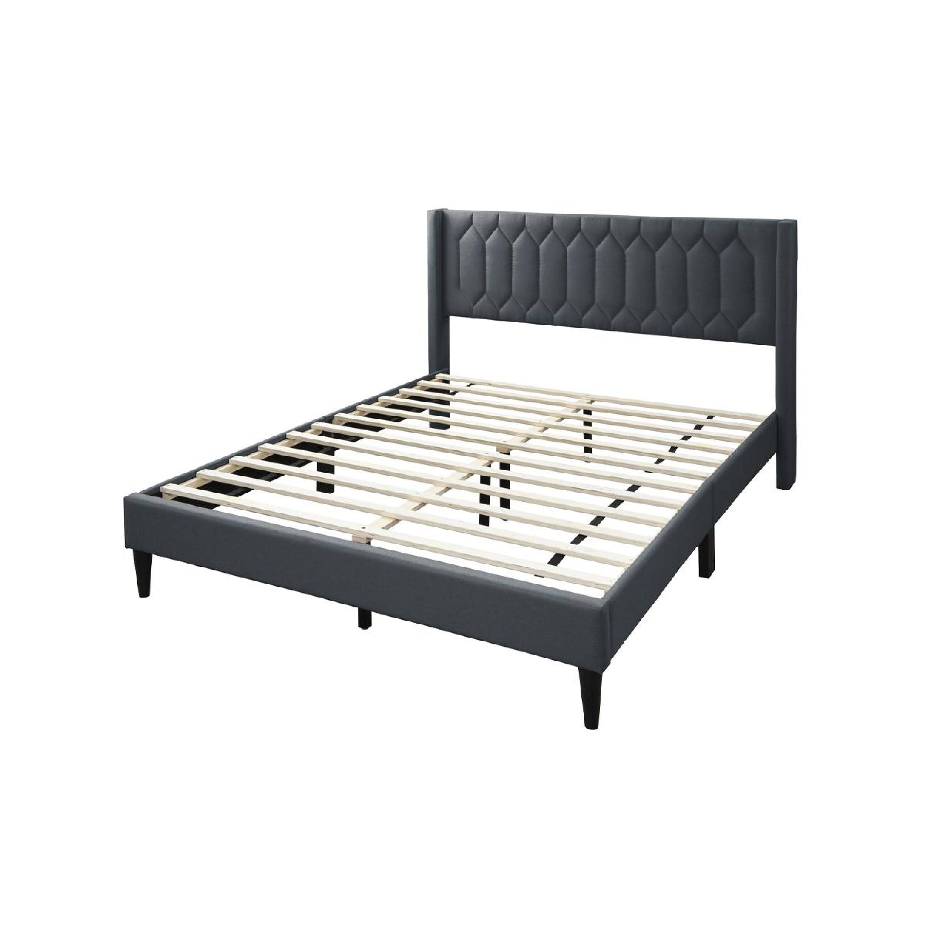 Alt View 1. Manhattan Lane - Jeo Queen Size Bed, Geometric Stitched Charcoal Gray Burlap Upholstery - Charcoal Gray, Black.