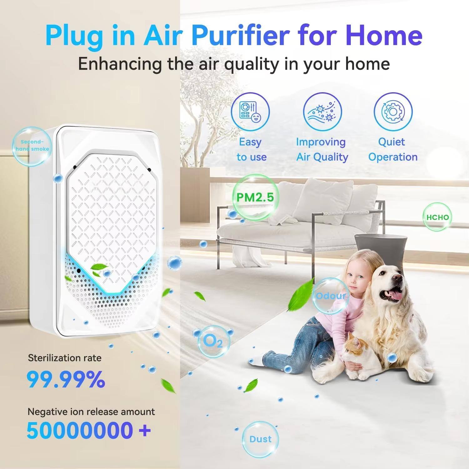 Plug in Air Purifier for Home  
Enhancing the air quality in your home  

- Second-hand smoke  
- Easy to use  
- Improving Air Quality  
- Quiet Operation  
- PM2.5  
- HCHO  
- Odour  
- Sterilization rate 99.99%  
- O2  
- Negative ion release amount 50000000 +  
- Dust