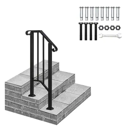 Front. Winado - Handrails Steps Stair Fits 1-2 Steps, Wrought Iron Hand Rail Stair Railing 1PC for Outdoor Concrete Porch Wooden Steps - Black.
