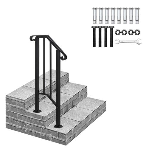 Front. Winado - Handrails Steps Stair Fits 1-2 Steps, Wrought Iron Hand Rail Stair Railing 1PC for Outdoor Concrete Porch Wooden Steps - Black.