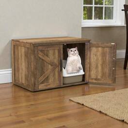 BreeBe - Cat Litter Enclosure Furniture with Flip Top, Double Barn Doors, and Divider Panel - Oak