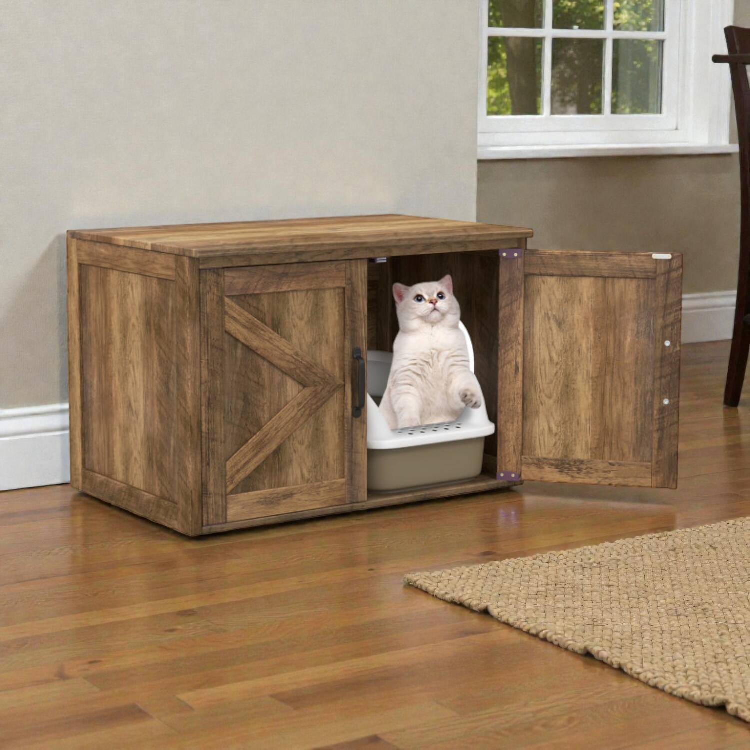 Front. BreeBe - Cat Litter Enclosure Furniture with Flip Top, Double Barn Doors, and Divider Panel - Oak.
