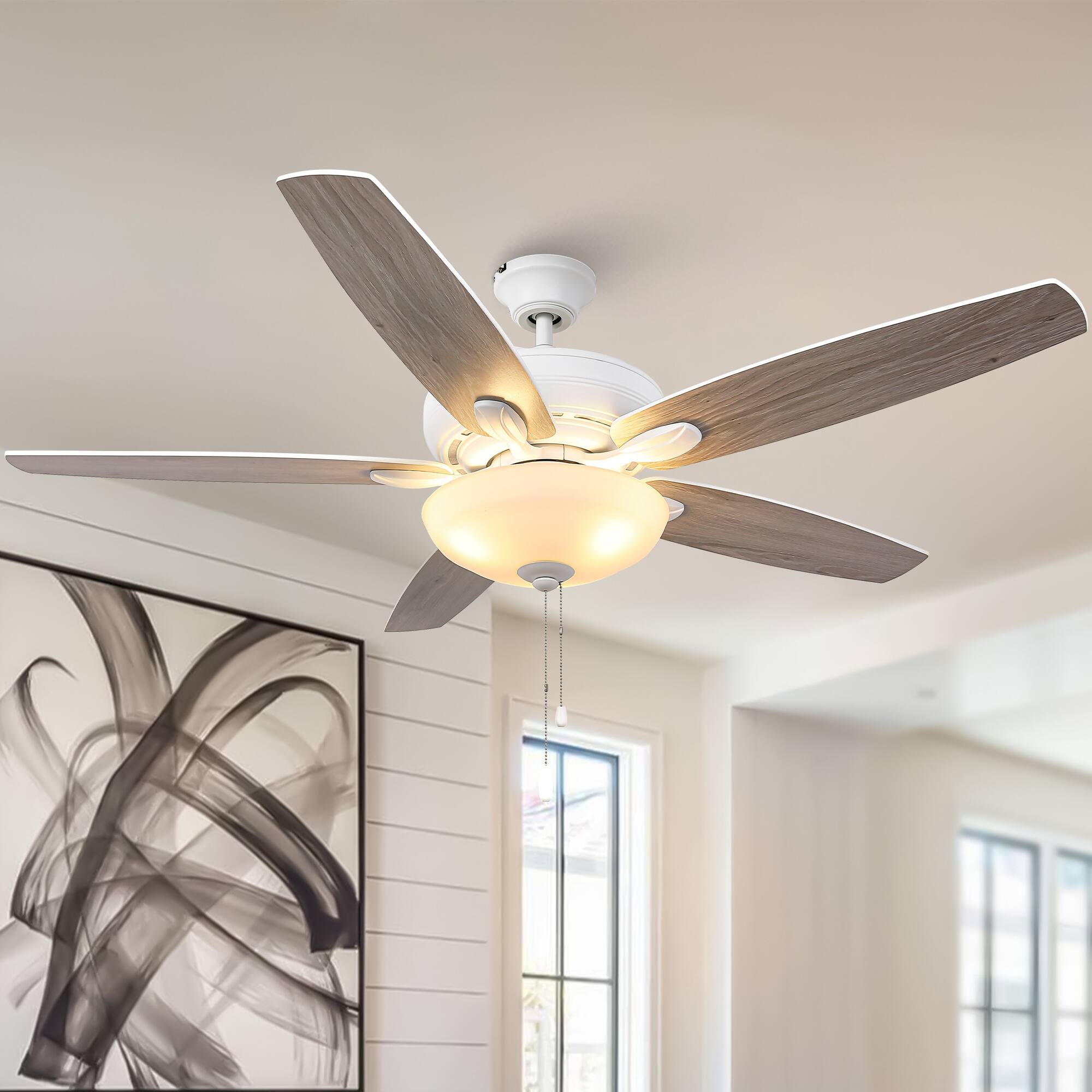 Parrot Uncle - 52" Modern White Dual Mounting Ceiling Fan with Light and Pull Chain - Satin white