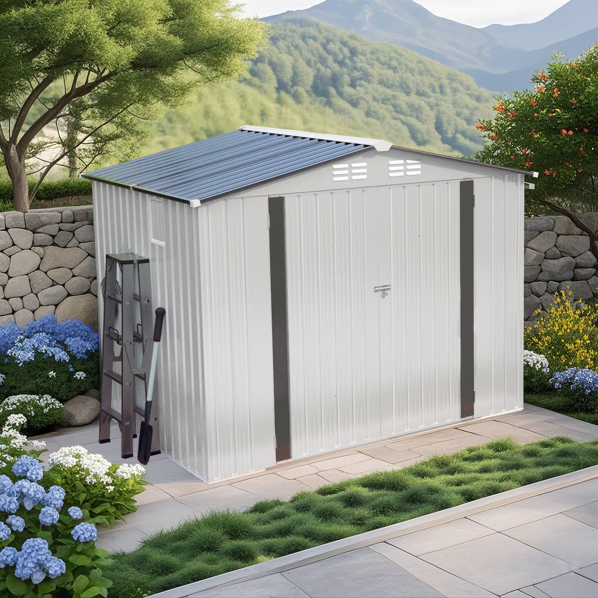 Alt View 10. Loheer - Loheer 8x6 Metal Storage Shed Waterproof Outdoor Garden Tool Shed with Pitched Roof Lockable Doors and Window White Gray.