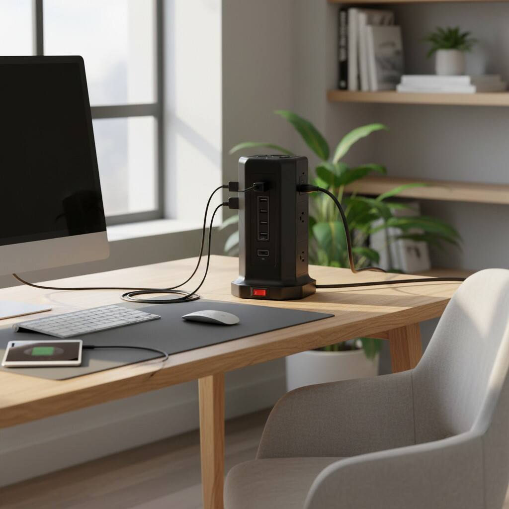 Alt View 1. Dazzed Corner - Power Strip Tower Surge Protector, 9 Outlets & 4 USB (3A 1C), 6FT Cord - Black.