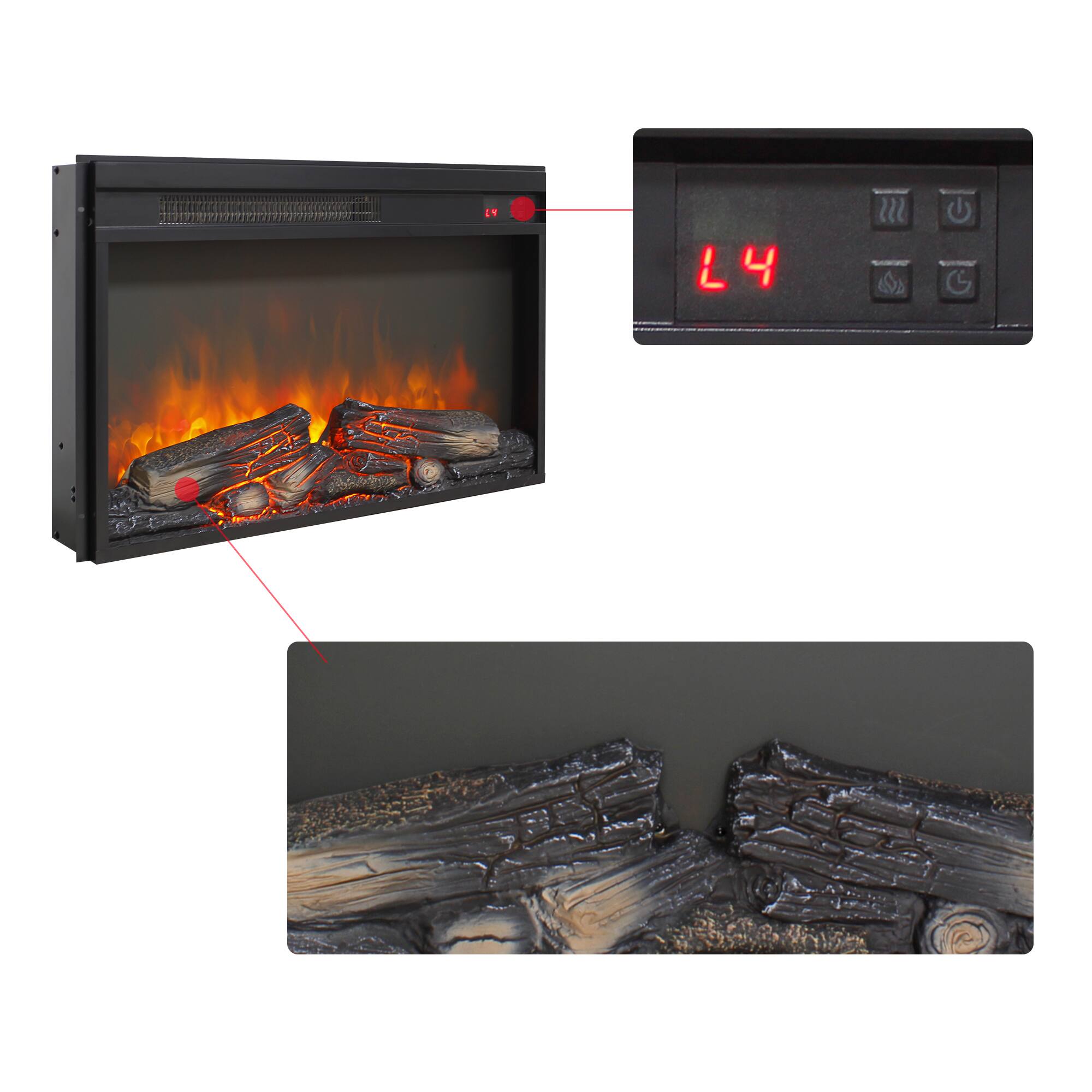 Alt View 4. GOODSILO - 26 Inch Electric Fireplace Insert - Ultra Thin Heater, Realistic Flame & Log Set, Remote, Timer, Overheat Protection - Antique Black.