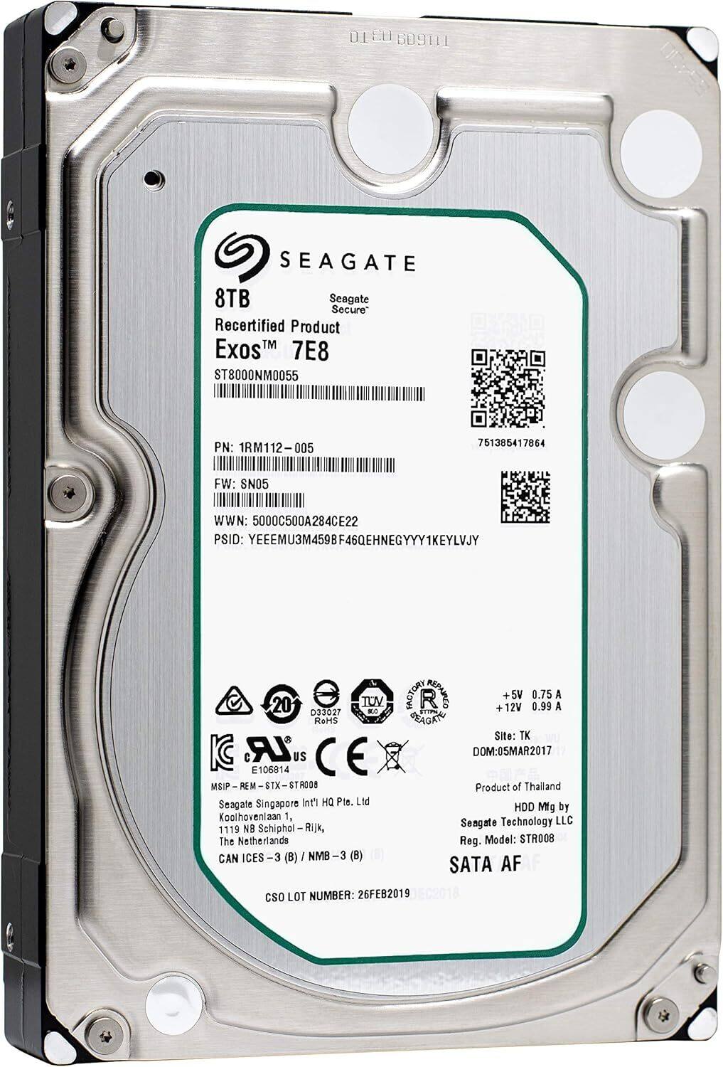 D1 E 111609 SEAGATE 8TB Seagate Secure Recertified Product Exos™ 7E8 ST8000NM0055 PN: 1RM112-005 FW: SN05 WWN: 5000C500A284CE22 PSID: YEEEMU3M459BF46QEHNEGYYY1KEYLVJY C 20 TUV MC FACTORY ETTH PESAINEO + 12V 5V 0.99 0.75 A A D33027 RoHS GEAGAT Site: TK I LR US E DOM:05MAR2017 E106814 MSIP-REM-STX-STRODB MSIP REM STROO8 Product of Thailand Seagate Singapore Int'l O Pte. Ltd HDD Mfg by Koolhovenlaan 1, LLC Seagate Technology 1119 NB Schiphol-Rijk, The Netherlands Reg. Model: STR008 CAN ICES -3 (B) NMB 3 (B) SATA AF CSO LOT