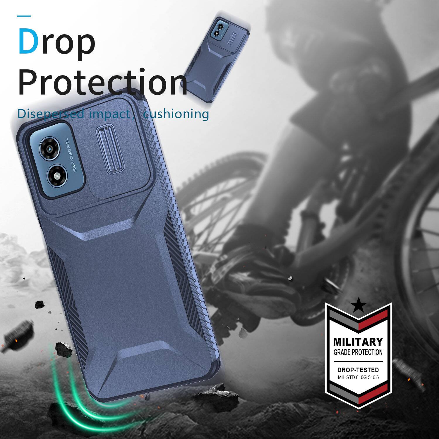 Drop Protection (Dispersed impact, Cushioning)  
PIXEL QUAD PIXEL QUAD 50MP  
MILITARY GRADE PROTECTION  
DROP-TESTED MIL STD 810G-516.6
