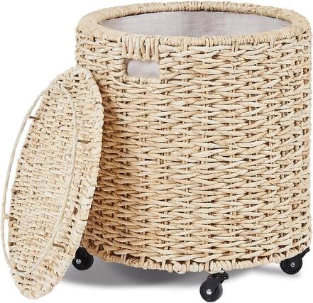 Front. SlickBlue - Woven Rolling Storage Hamper with Brakable Wheels, Vintage Laundry Basket and Toy Organizer for Home Use - Natural.