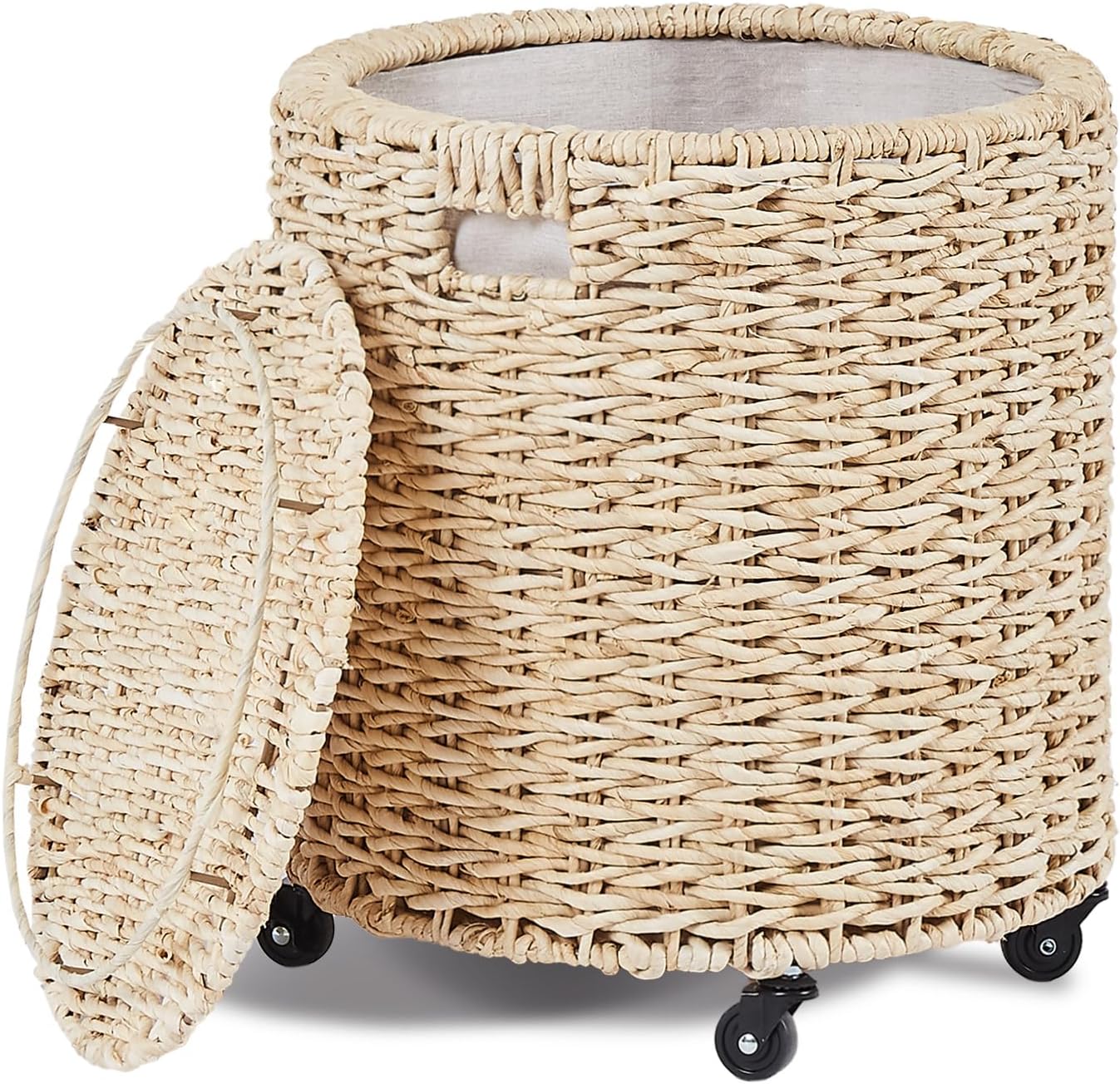 Front. SlickBlue - Woven Rolling Storage Hamper with Brakable Wheels, Vintage Laundry Basket and Toy Organizer for Home Use - Natural.