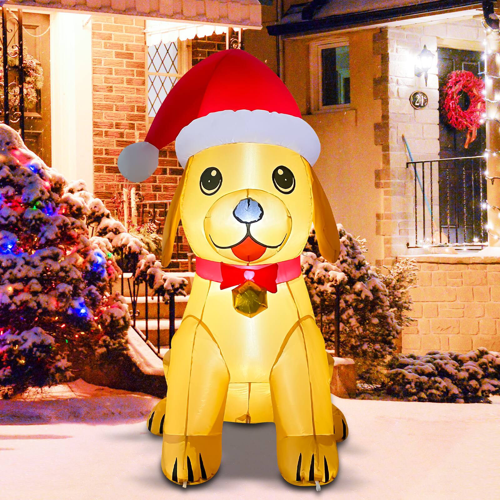 Left. GOOSH Inflatables - GOOSH 5.2FT Christmas Golden Puppy Inflatable with Santa Hat and LED Lights - Yellow.