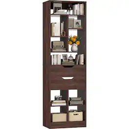 Aheaplus - 80" Tall Narrow 9-Tier Bookshelf with 2 Drawers - Space-Saving Wood Storage for Living Room, Office & Bedroom - Walnut