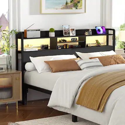 Front. Aheaplus - King Headboard Only, King Size Headboard with Charging Station, RGB LED Light, and Bookcase Storage - Black.