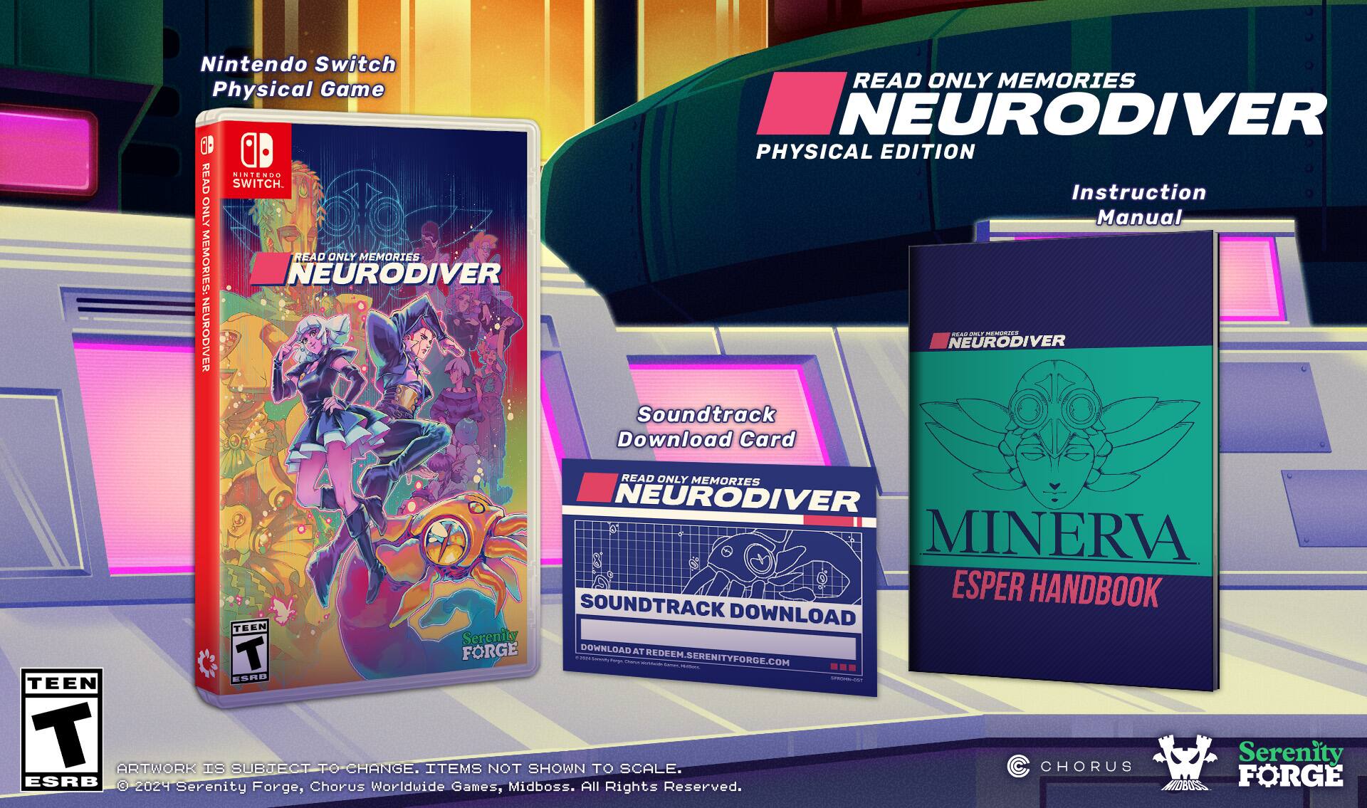 Nintendo Switch Physical Game: Neuroidiver - Read Only Memories: Neuroidiver - Physical Edition
Instruction Manual
Soundtrack Download Card
Read Only Memories: Neuroidiver Minerva Esper Handbook
Chorus: Serenity Forge - Games, Rights, Artwork is subject to change. Items not shown to scale.
