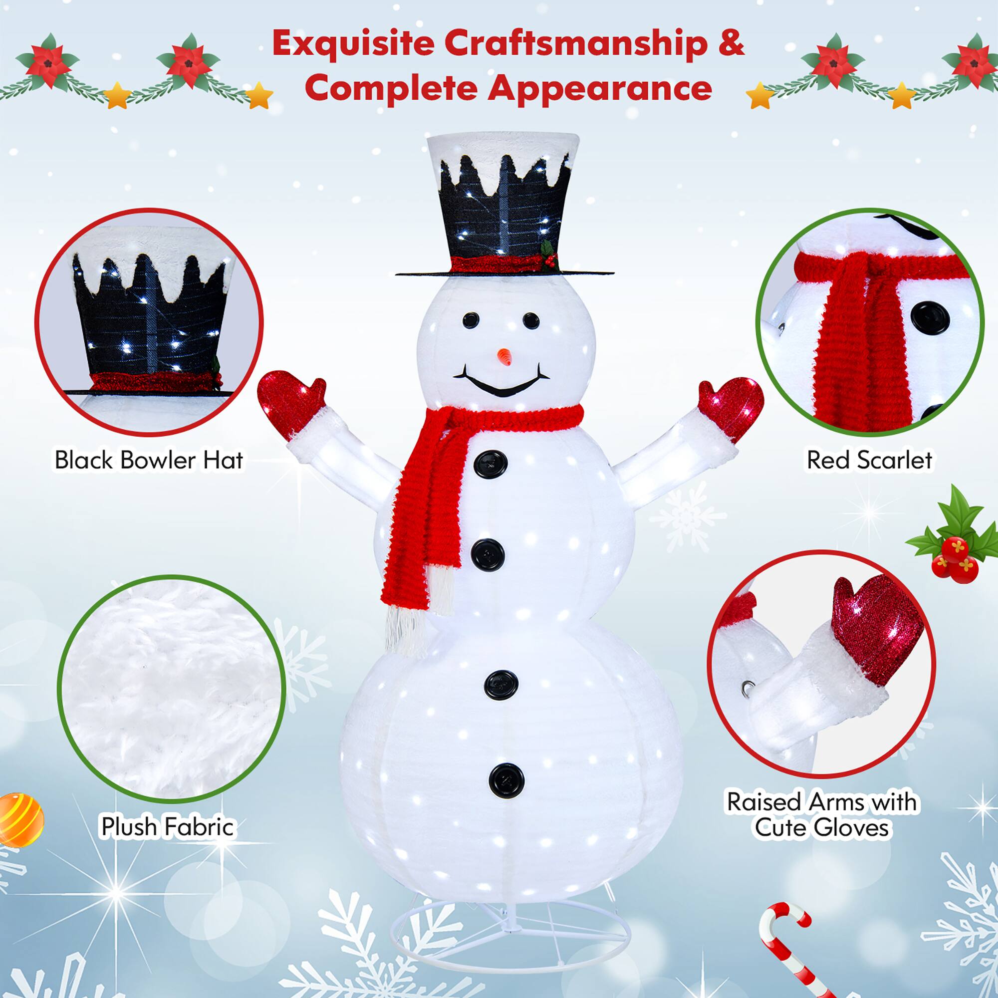 The text on the image is grouped and corrected as follows:

Exquisite Craftsmanship & Complete Appearance
Black Bowler Hat
Red Scarlet
Plush Fabric
Raised Arms with Cute Gloves