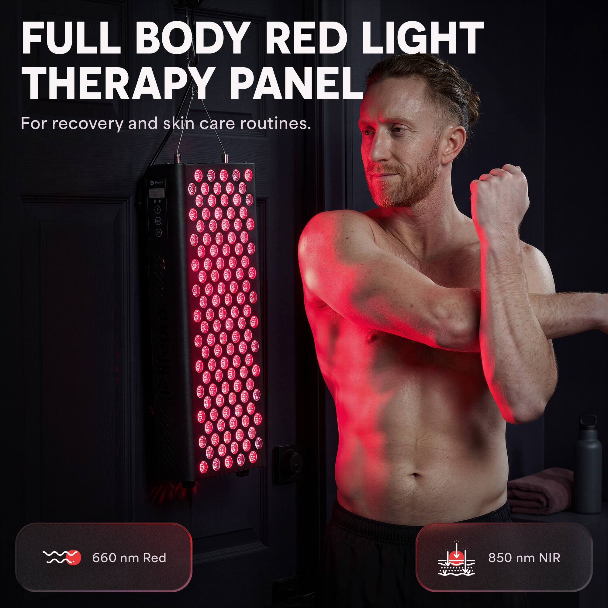 FULL BODY RED LIGHT THERAPY PANEL  
For recovery and skin care routines.  

@lifepro  
660 nm Red  
850 nm NIR