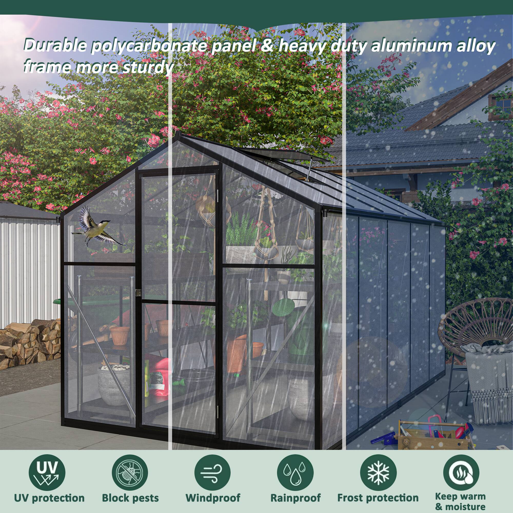 Durable polycarbonate panel & heavy duty aluminum alloy frame more sturdy

- UV protection
- Block pests
- Windproof
- Rainproof
- Frost protection
- Keep warm & moisture