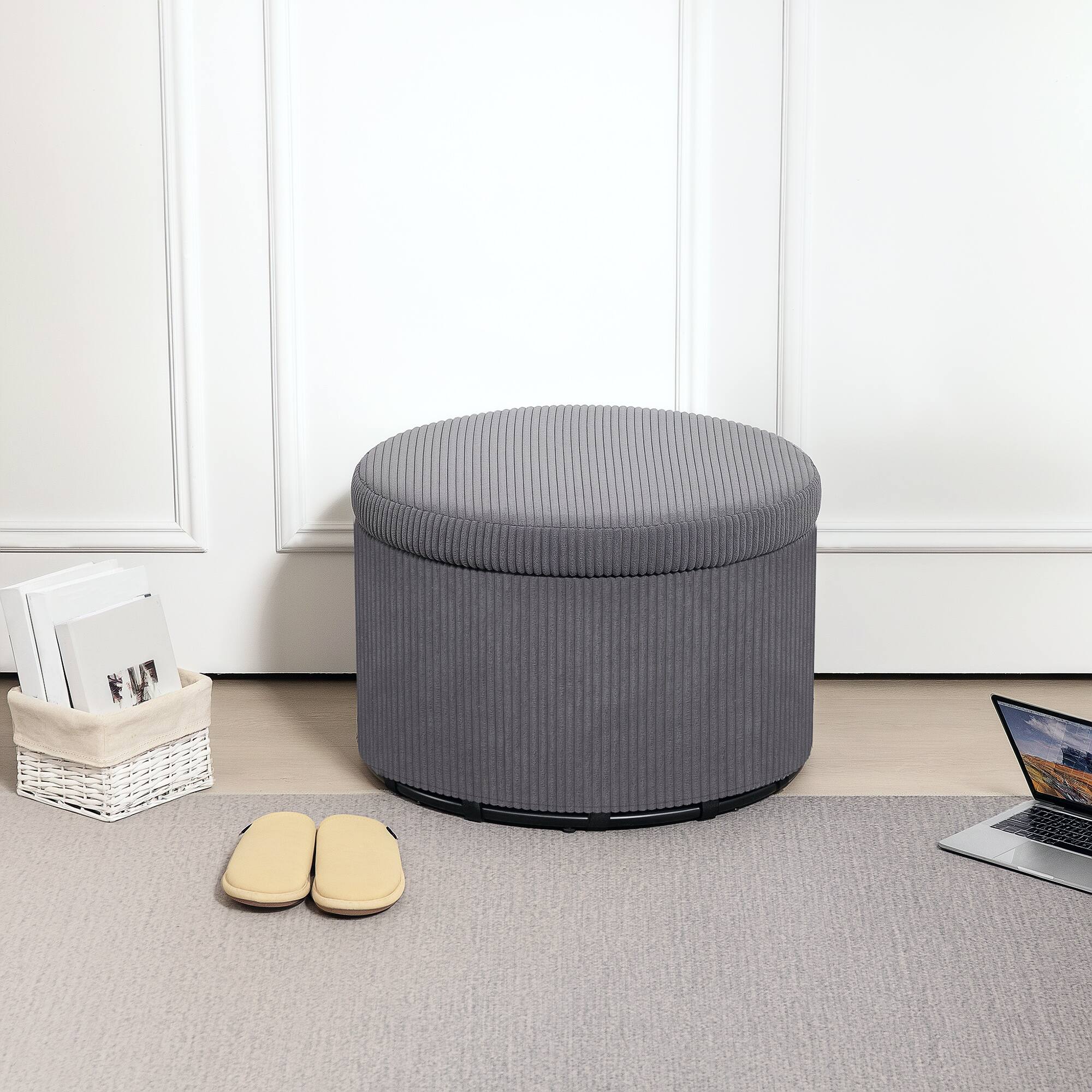 Alt View 2. Homcom - Storage Ottoman with Lid, 24 In Round Pouf Ottoman with Storage, Upholstered Corduroy Foot Rest Stool for Living Room - Grey.