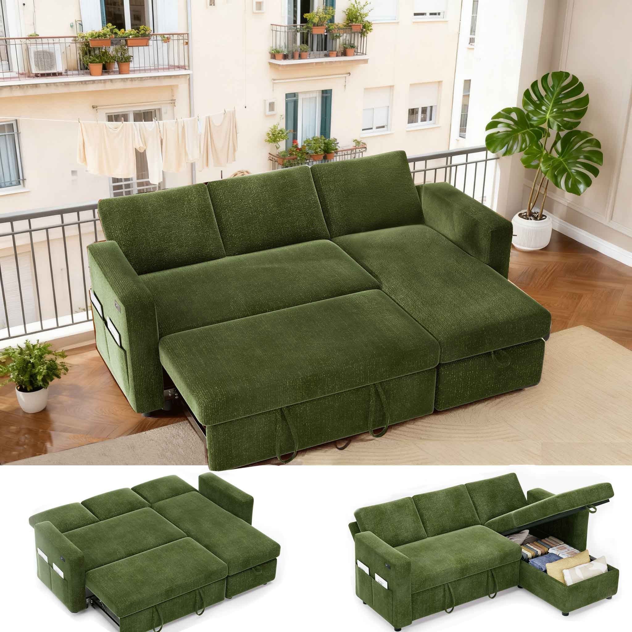 Dyonery - 81" Sleeper Sofa Bed with Pull Out Bed L Shaped Sectional Sleeper Sofa, Tool-Free Assembly,Chenille Green - Green