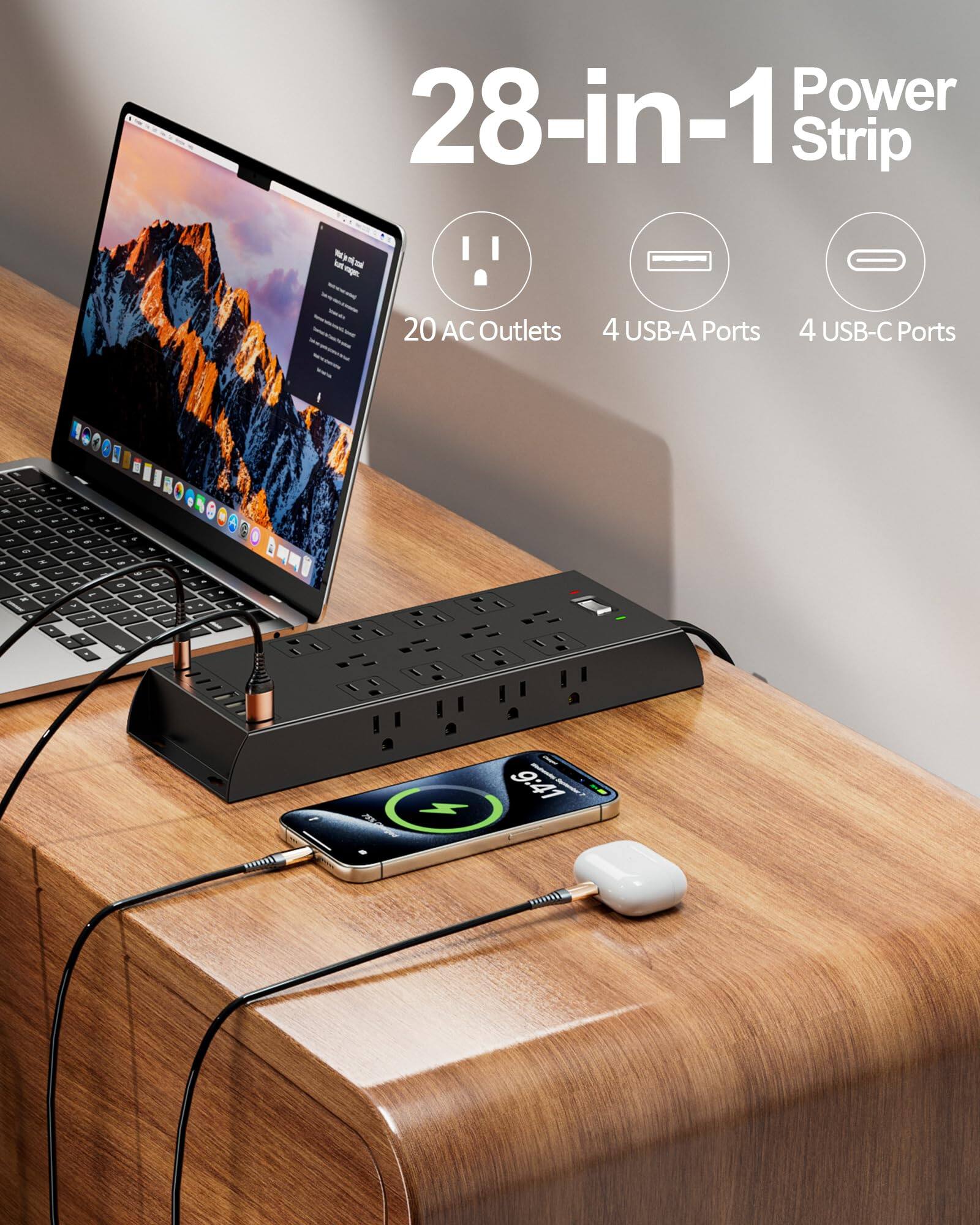 28-in-1 Power Strip

- 20 AC Outlets
- 4 USB-A Ports
- 4 USB-C Ports