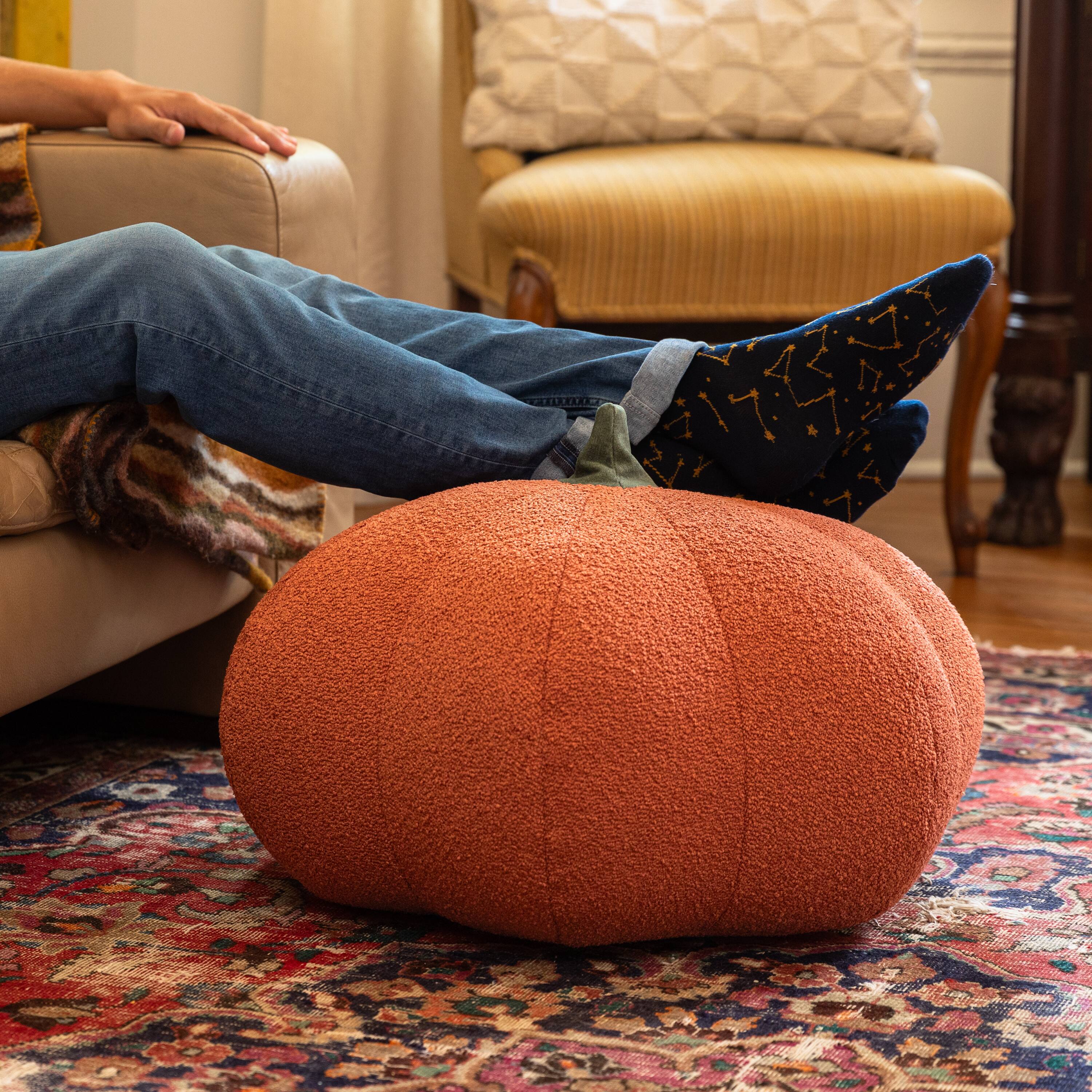 Angle. Jaxx - Jaxx Pumpkin Pouf - Luxurious Ottoman for Fall & Halloween Décor - Boucle Terra Cotta - Sunbrella Flax.
