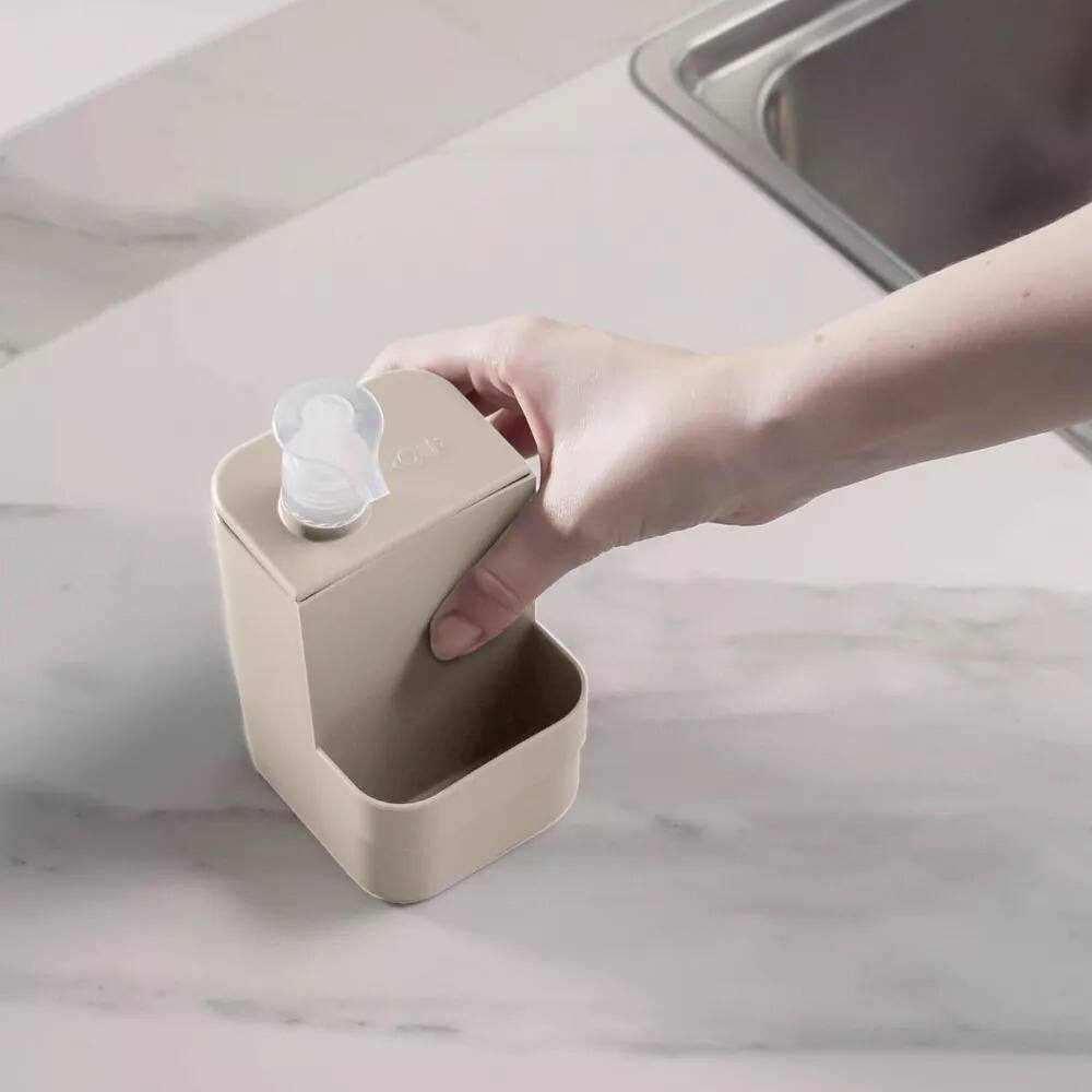 Alt View 4. OU - OU Dish Soap Dispenser with Sponge Holder 16 oz, Kitchen Sink Plastic Soap Dispensing Pump Bottle - Beige - Beige.