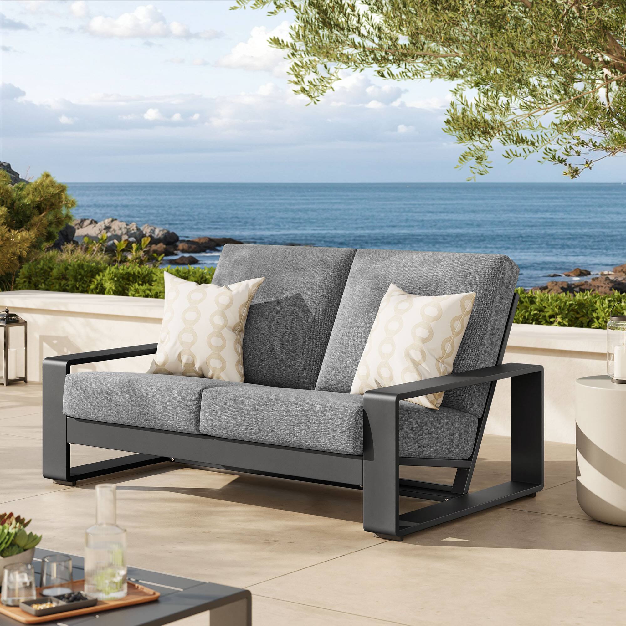 Front. Modway - Lirienne Outdoor Patio Aluminum Loveseat by Modway - Light Gray Gray.