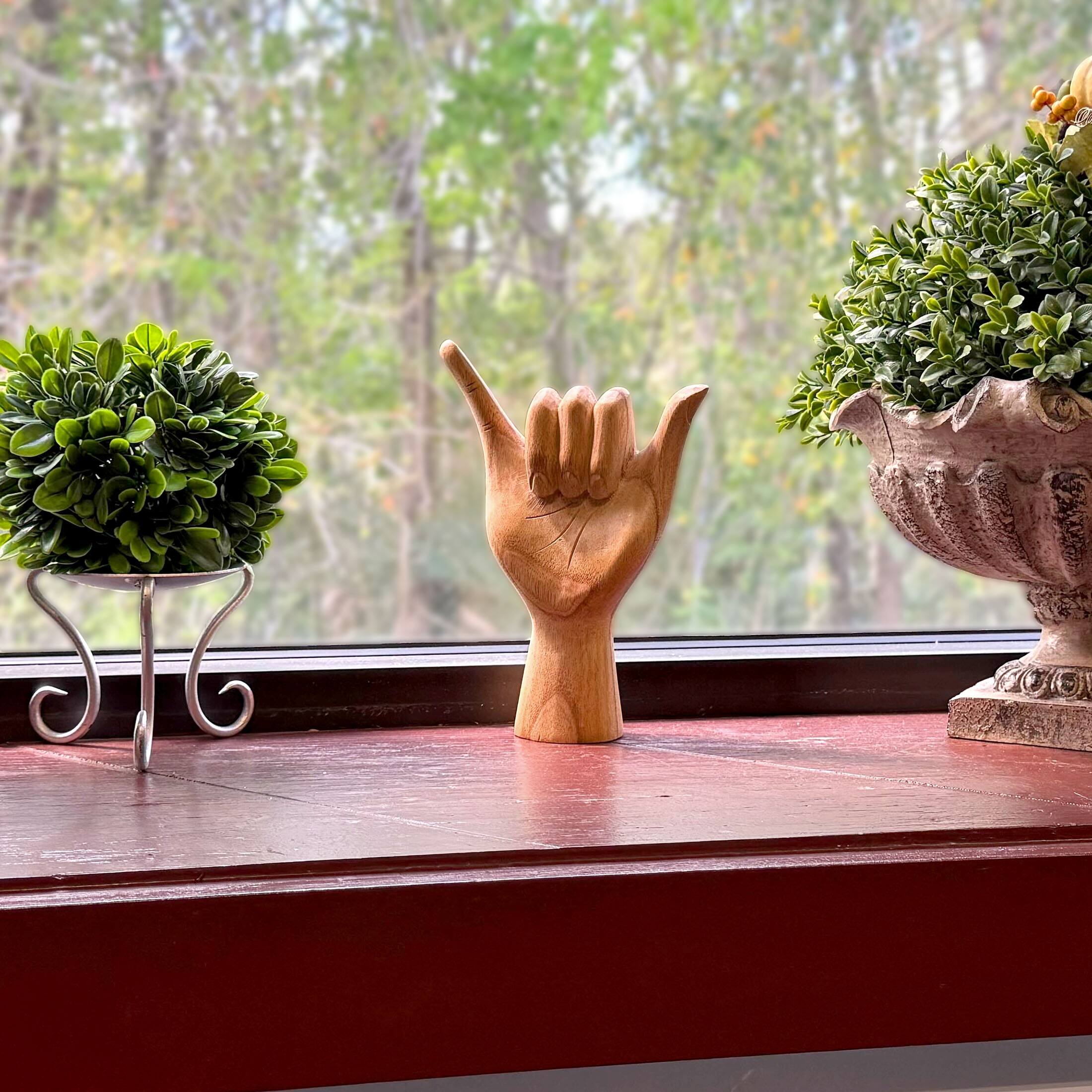 Alt View 4. Zeckos - Hang Loose Hand Sign Wooden Sculpture – 8" Eco-Friendly Albesia Wood Art – Perfect for Home Decor and Surf Lovers - Brown.