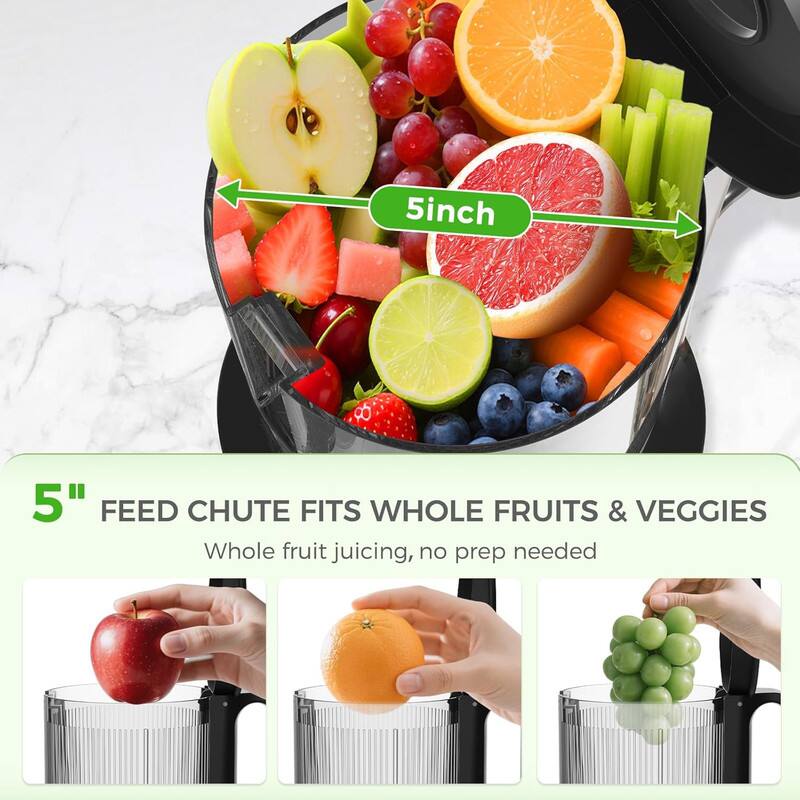 5" Feed Chute Fits Whole Fruits & Veggies

Whole fruit juicing, no prep needed