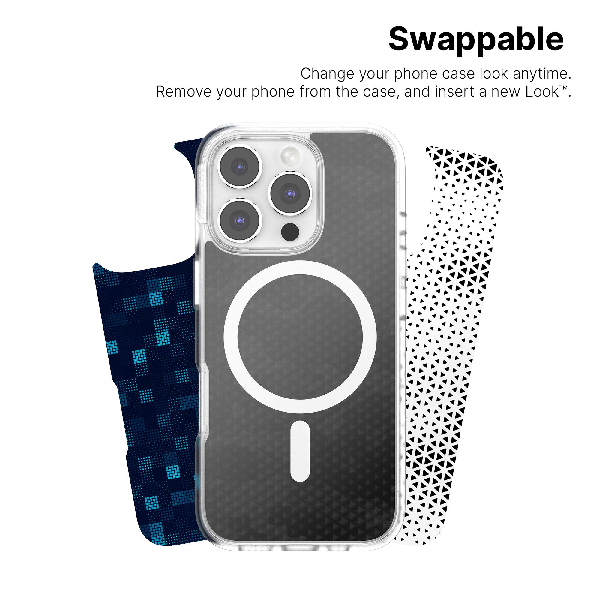 Swappable: Change your phone case look anytime. Remove your phone from the case, and insert a new Look.