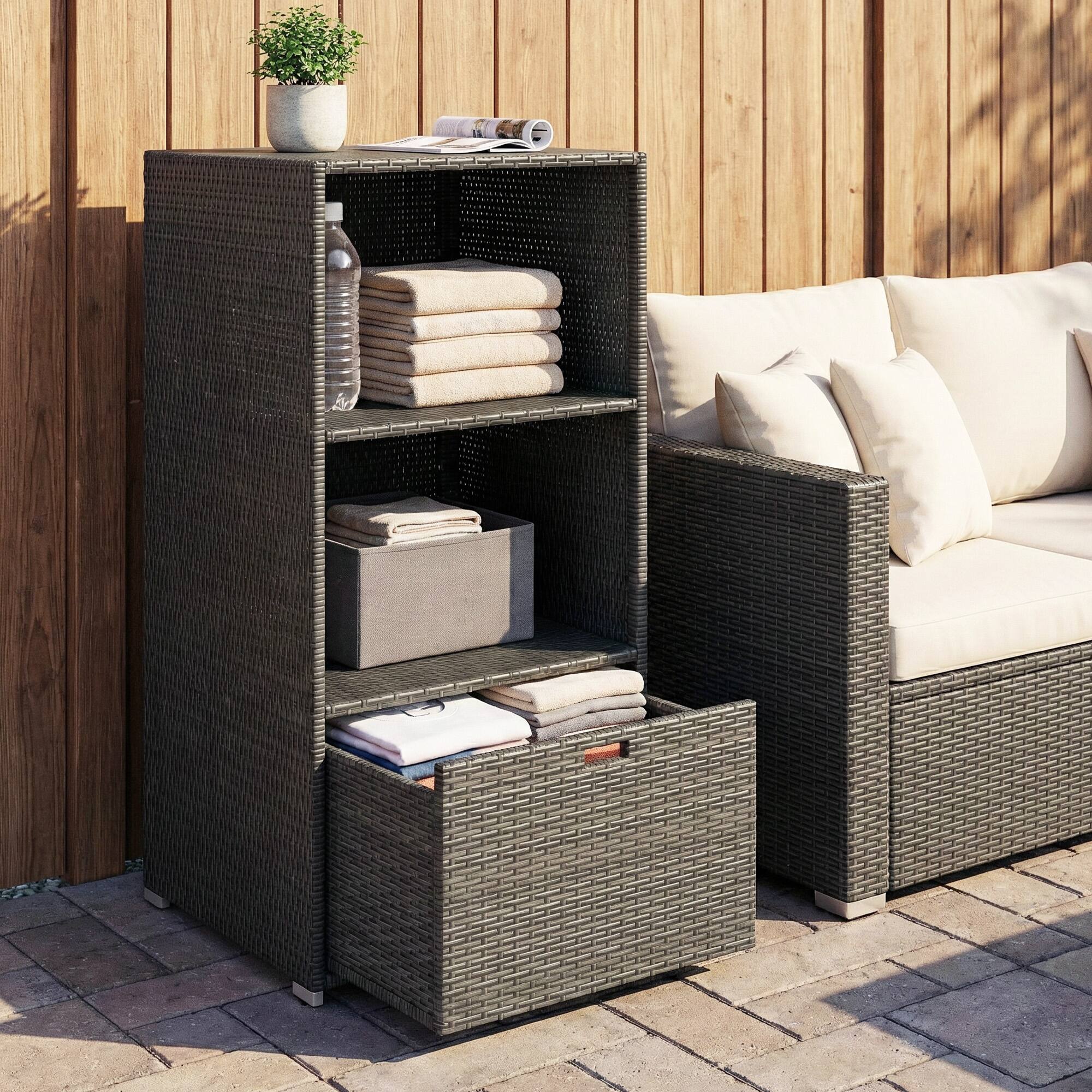 Alt View 1. Outsunny - Pool Towel Rack, Water-Resistant PE Plastic Rattan Wicker Storage Organizer, 2 Shelves, 1 Basket Drawer - Dark Gray.