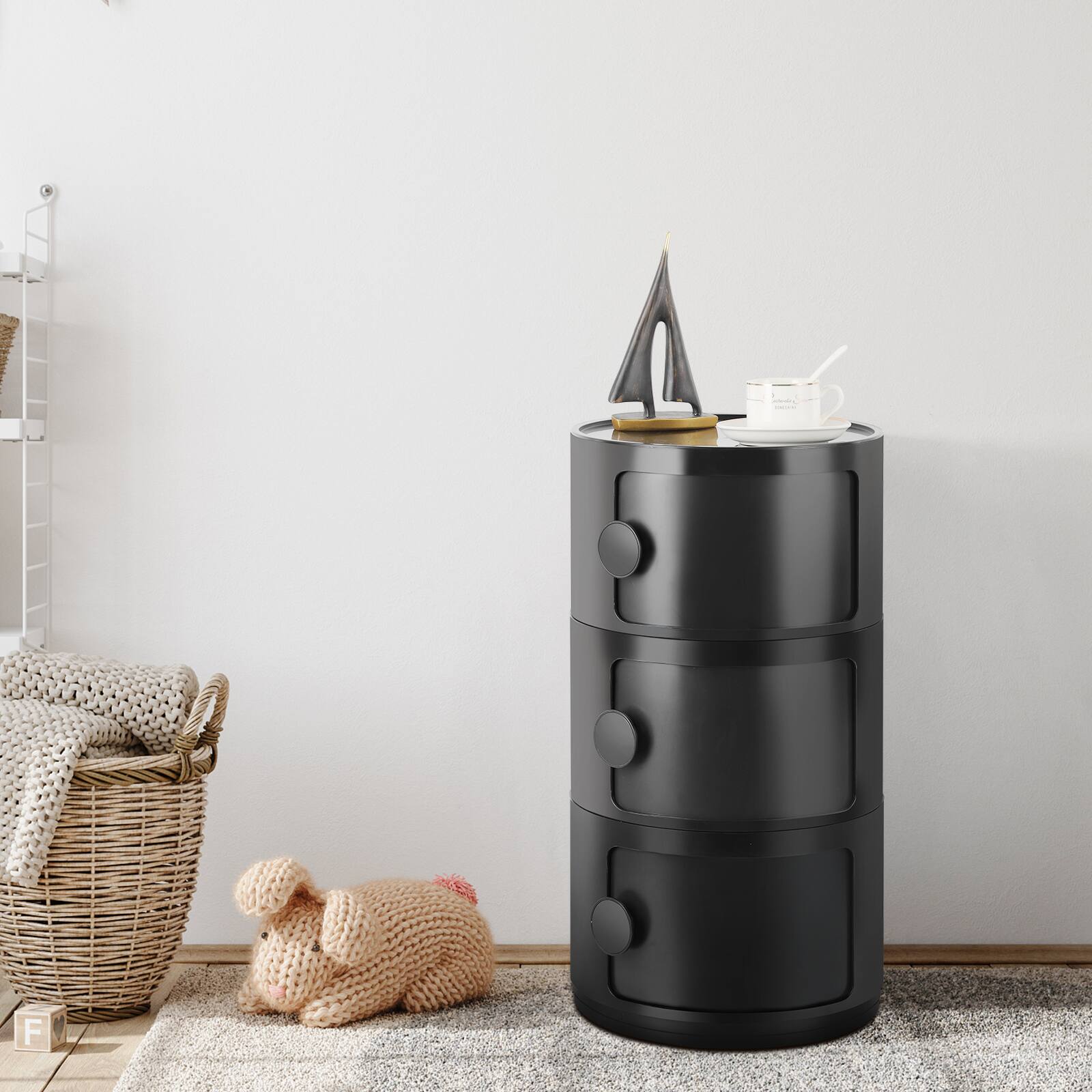 Front. Oumilen - Modular Stackable Storage Cabinet - 3-Tier Rotating Drawer Unit for Bedroom and Living Room - Black.